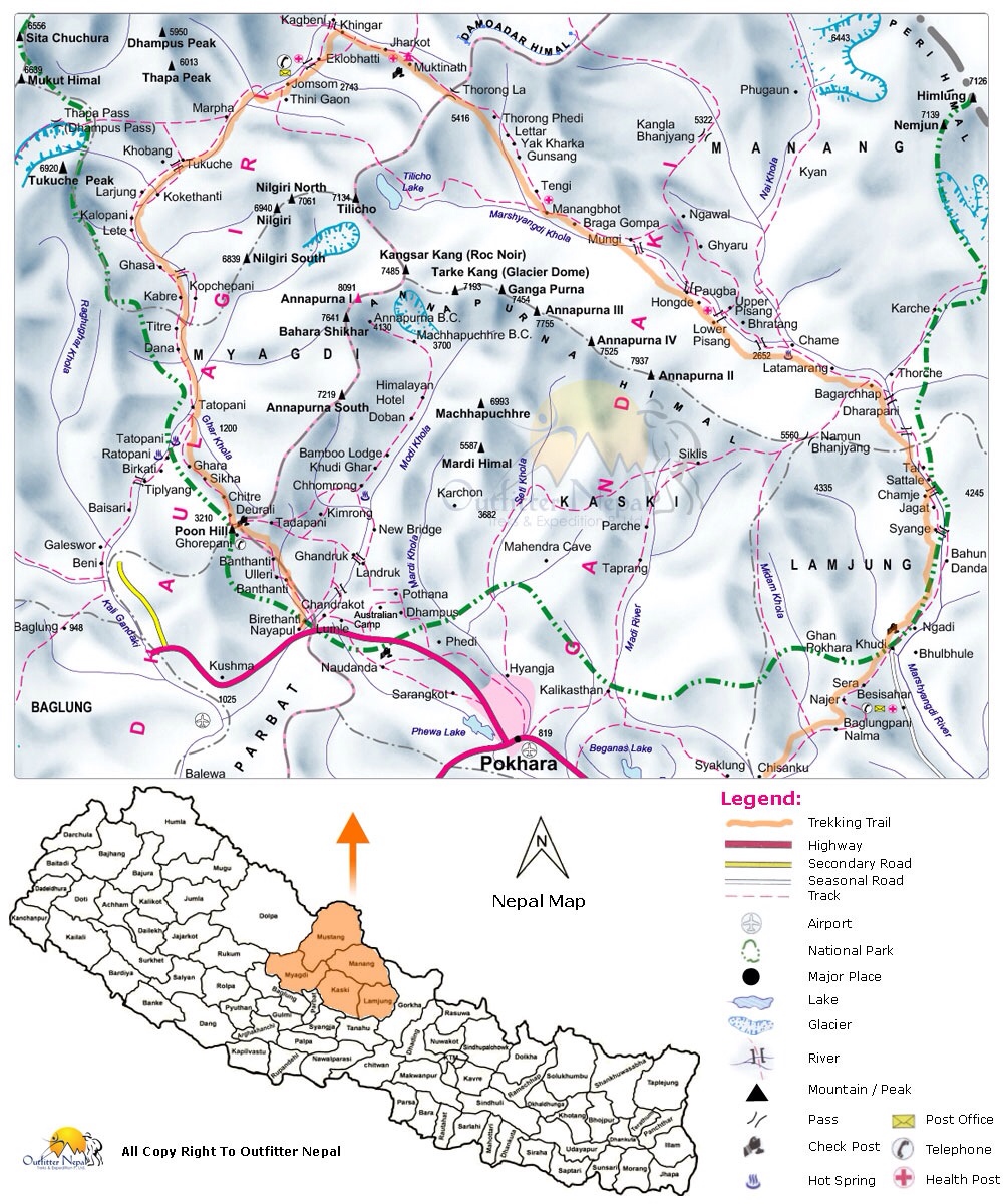 Mappa del Nepal e del Circuito dell'Annapurna (da Outfitter Nepal)